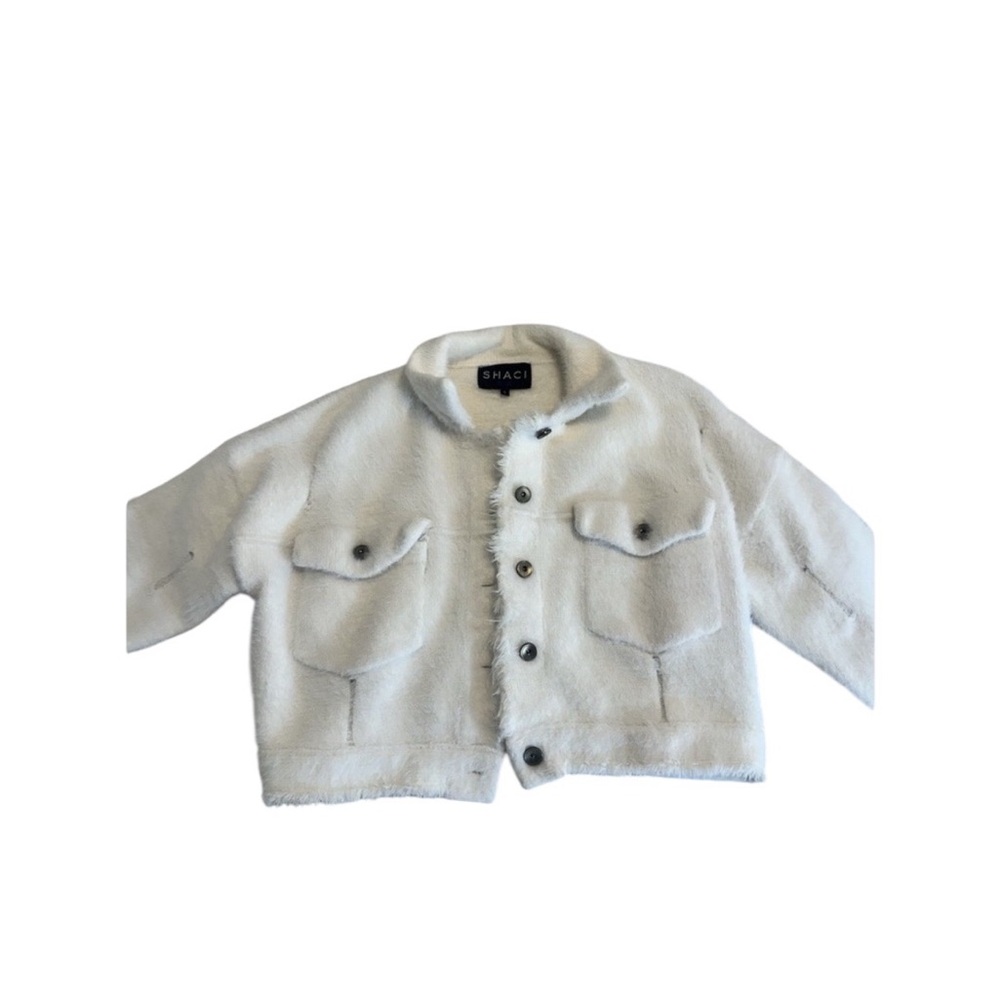 Shaci Blue Womens‎ White Button Up Collared Furry Cropped Jacket Small
